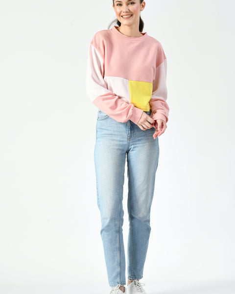 Pink/Yellow Color-Blocked Cropped Sweatshirt