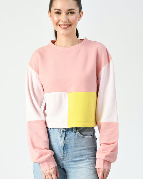Pink/Yellow Color-Blocked Cropped Sweatshirt