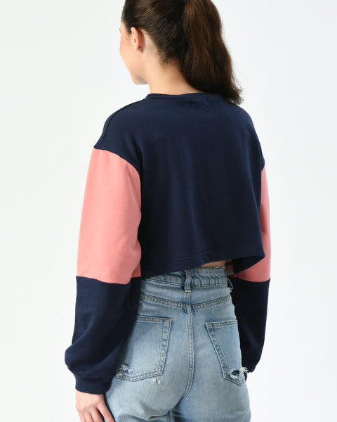Pink/Navy Color-Blocked Cropped Sweatshirt