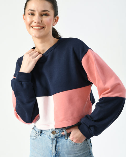 Pink/Navy Color-Blocked Cropped Sweatshirt