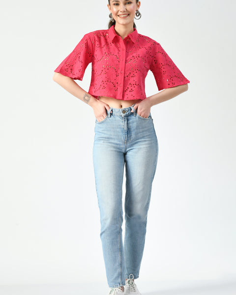 Pink Cutwork Embroidery Cropped Top