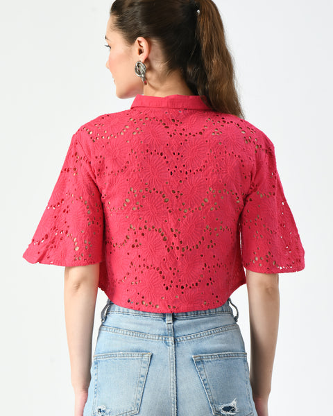Pink Cutwork Embroidery Cropped Top