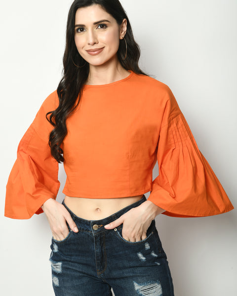 Cropped Poplin Pleated Flared Sleeves Top