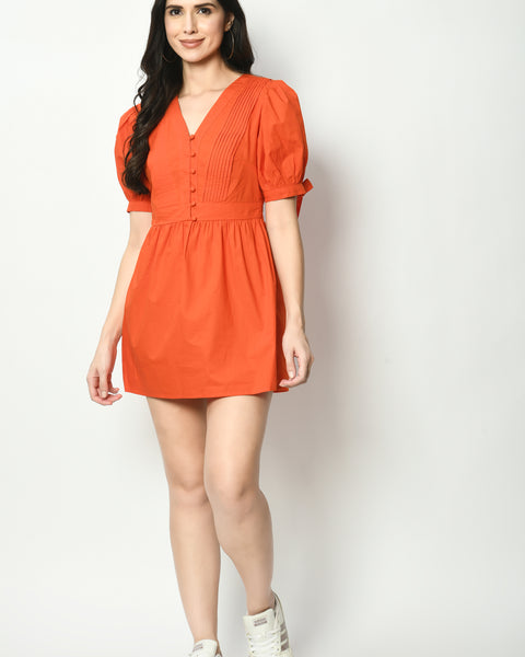 Short Puff Sleeved Poplin  Dress With Front Buttons