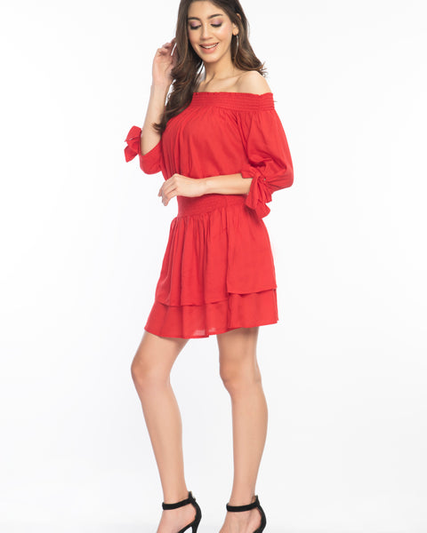 Red Off Shoulder Tiered Dress