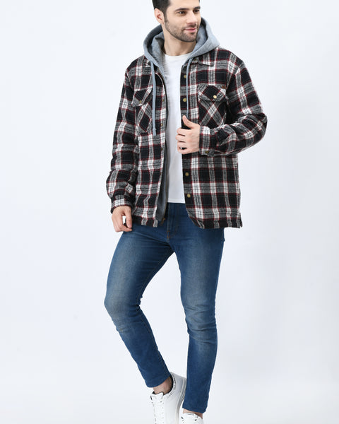 Red Flannel Checked Jacket With Hoodie