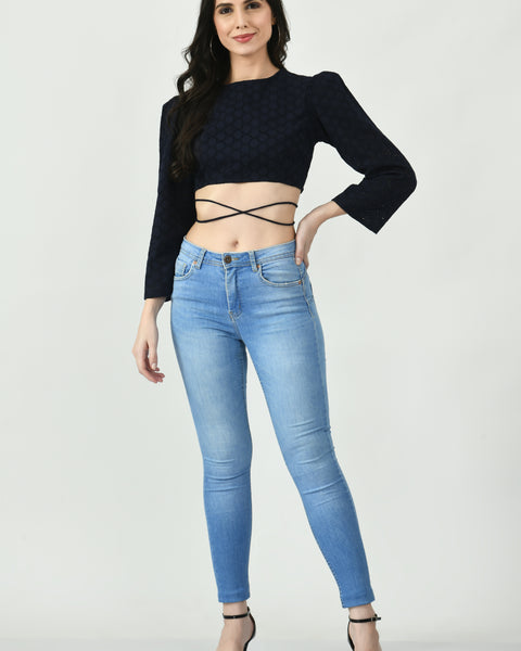 Blue Full Sleeves Schiffli Cropped Top