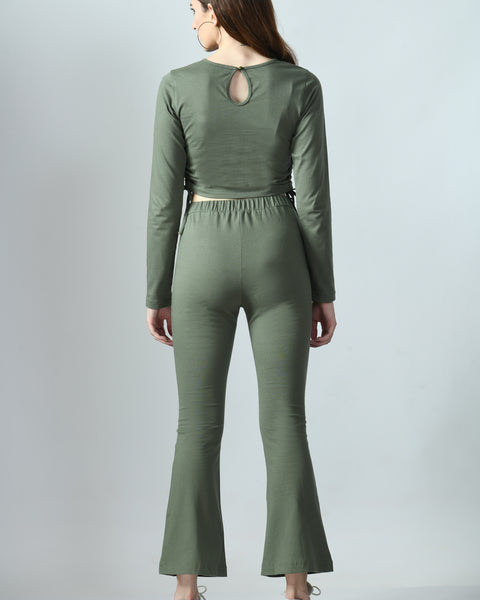 Olive Knitted Cropped Top & Straight Pants Co-Ord Set