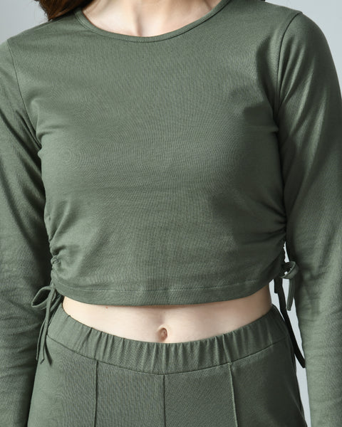 Olive Knitted Cropped Top & Straight Pants Co-Ord Set
