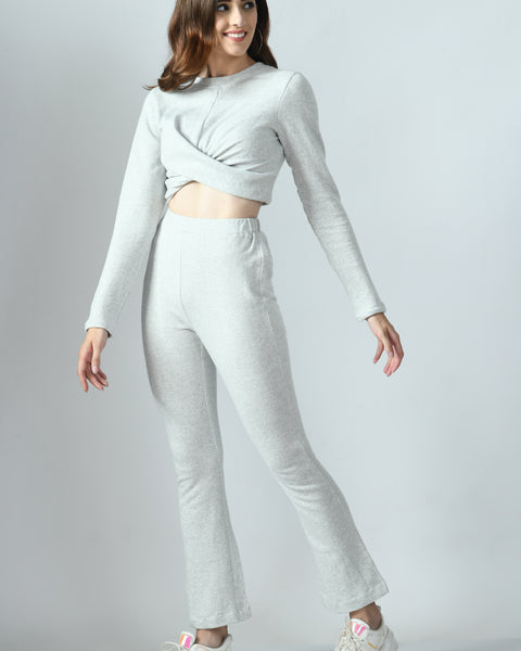 Grey Knitted Cropped Top & Straight Pants Co-Ord Set
