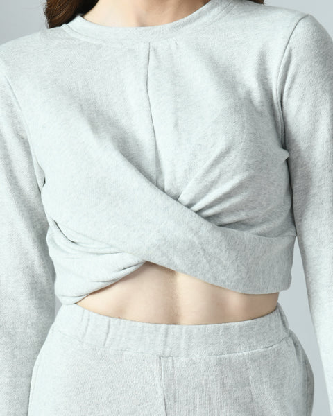 Grey Knitted Cropped Top & Straight Pants Co-Ord Set