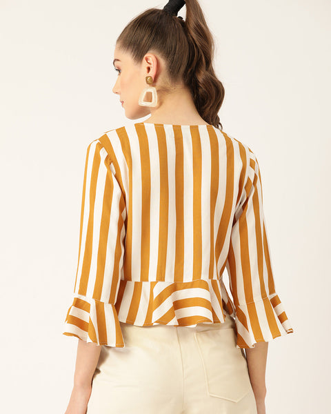Women White & Mustard Yellow Striped Bell Sleeves Crop Top