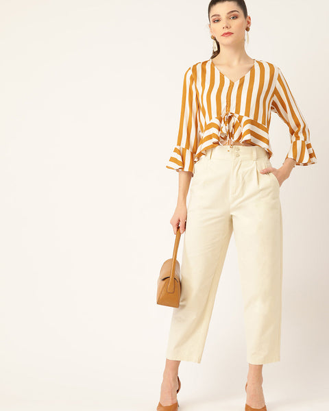Women White & Mustard Yellow Striped Bell Sleeves Crop Top