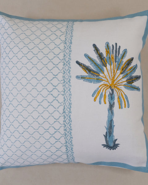 Cream & Blue Palm Hand Block Printed Cotton Cushion Cover (16" x 16")