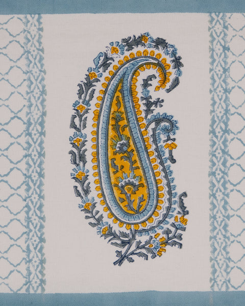Cream & Blue Paisley Hand Block Printed Cotton Cushion Cover (12" x 18")