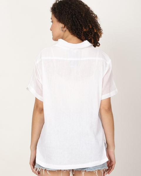 Women White Semi Sheer Shirt Style Top