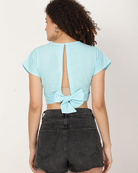 Women Pure Cotton Crop Top With Styled Back Knot